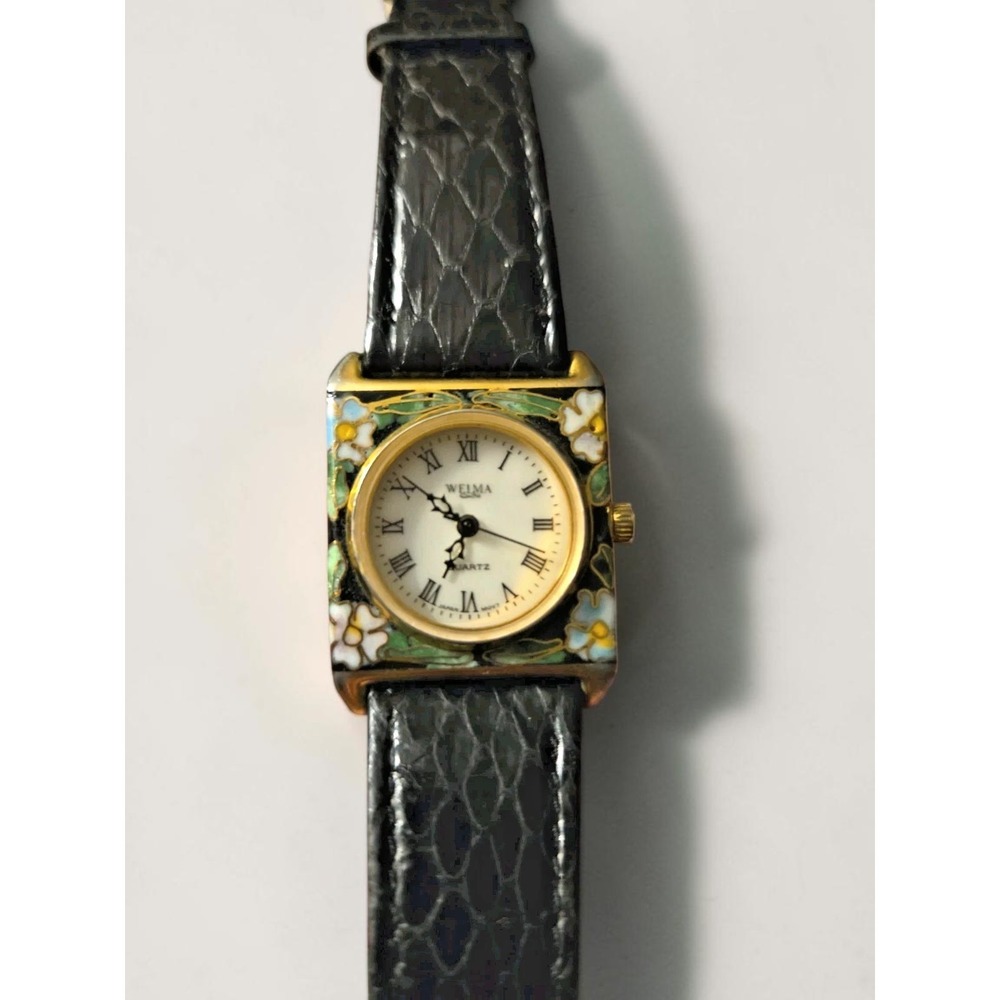 Welma Vintage Wristwatch Black Floral Cloisonné Enamel Case Square - not tested